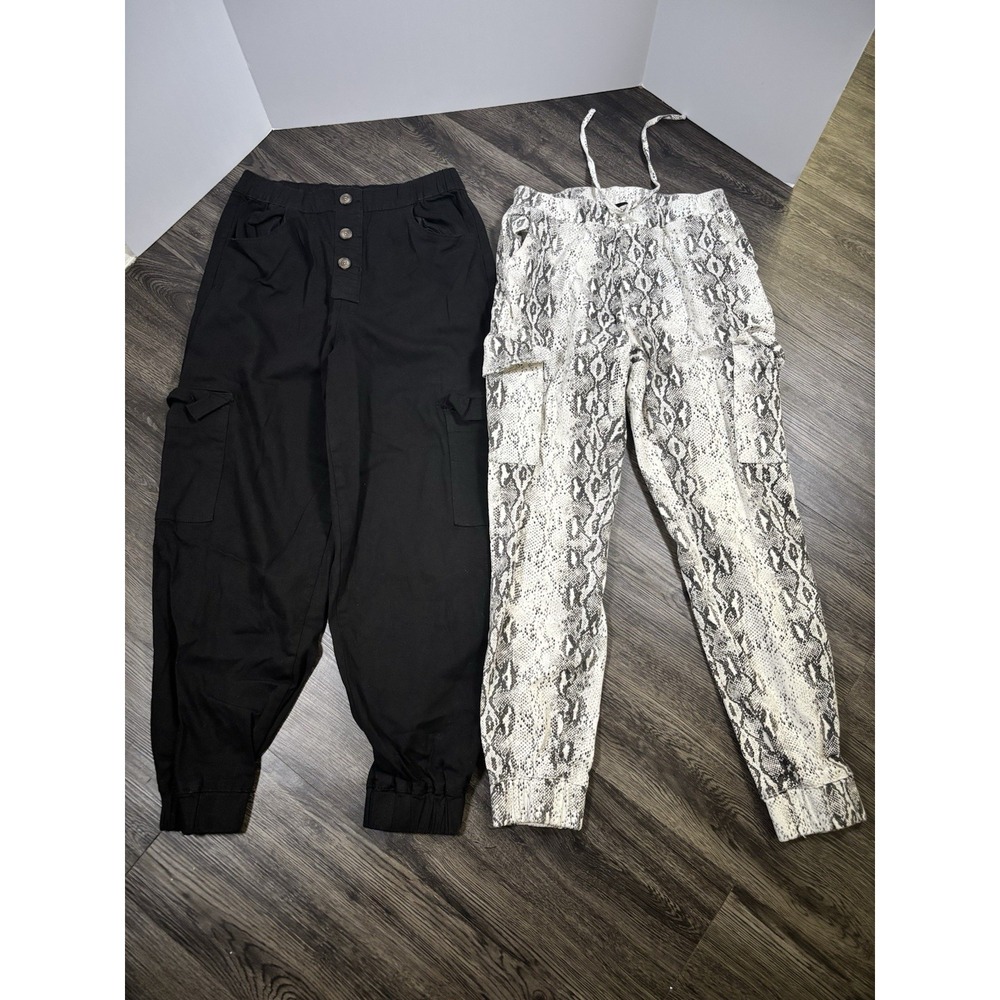 Lot of 2 Almost Famous Womens Cargo Jogger Pants Size M Black & Snake Print